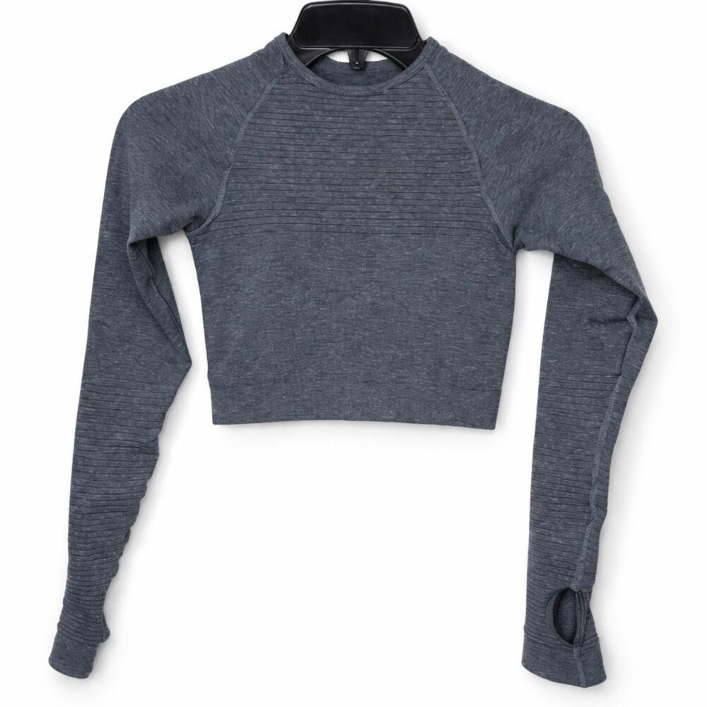 Alphalete XS Dark Gray Ribbed Long Sleeve Cropped Gym Top Thumbholes